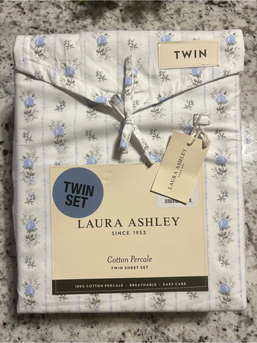 Laura Ashley Sweet Buds Blue Floral Cotton Percale Twin Sheet Set